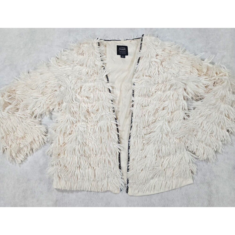 Cavalini Los Angeles Shaggy Faux Fur Fringe Jacket Cream Open Front Womens XL